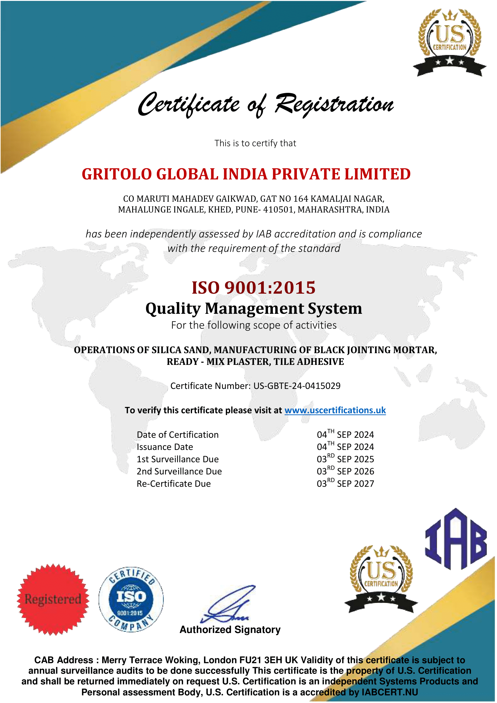 Certificate Us Gritolo Global India Pvt. Ltd.
