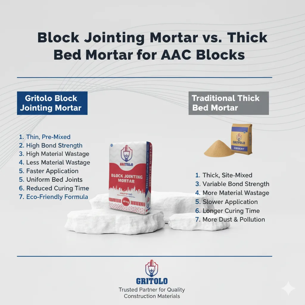 Read more about the article Block Jointing Mortar vs Thick Bed Mortar for AAC Blocks Comparison 2025