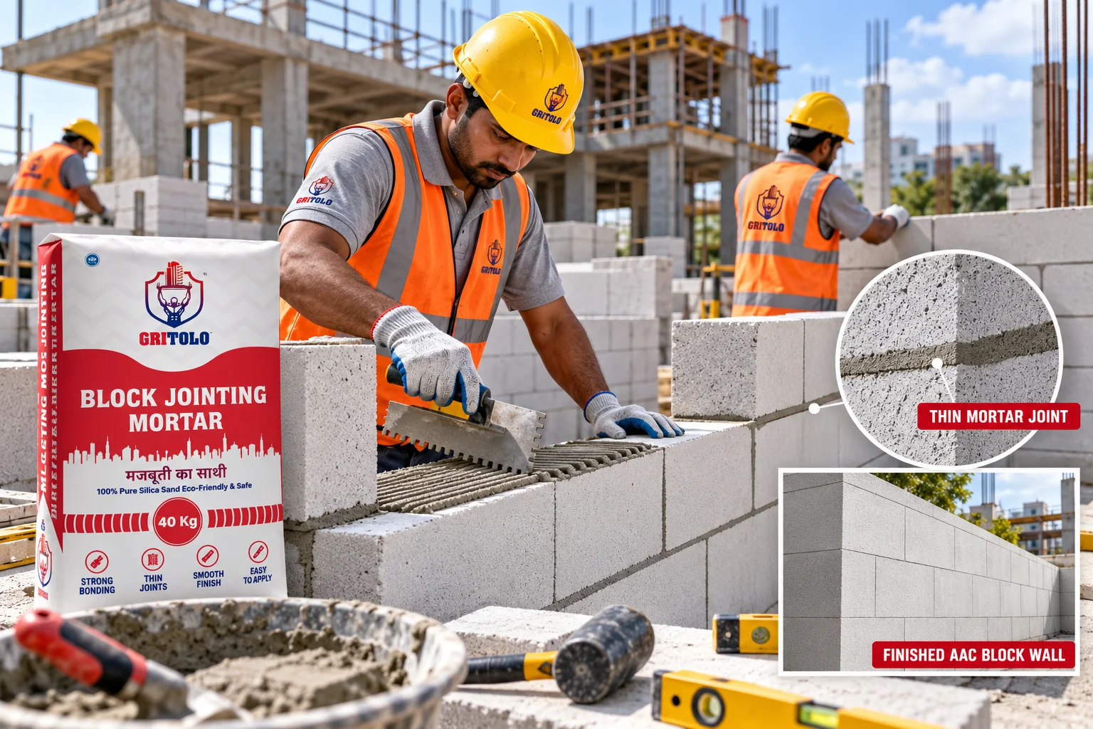 Block jointing mortar application for AAC block masonry